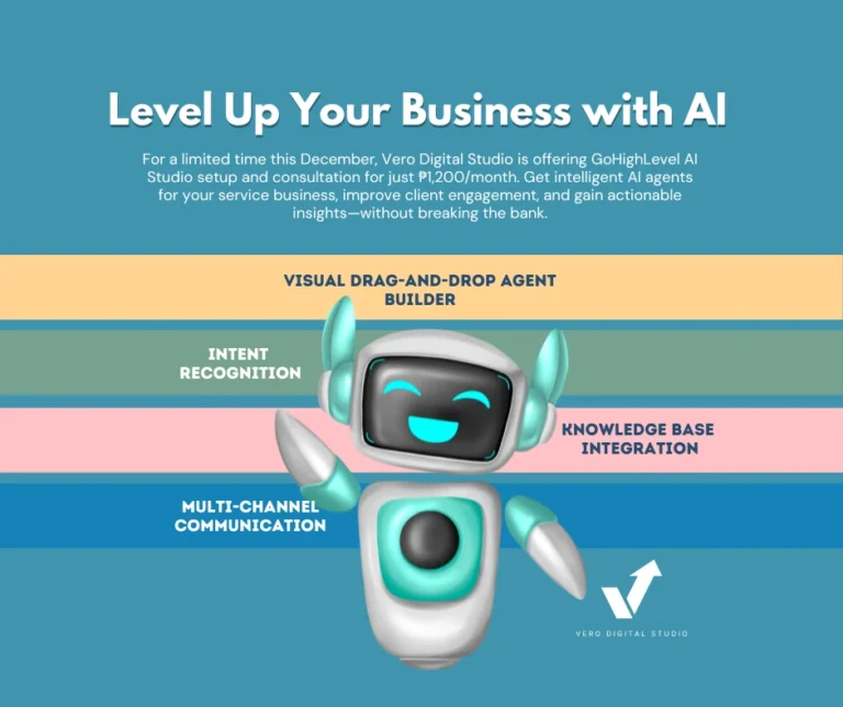 GoHighLevel AI Studio agent dashboard showing 4 major benefits: drag-and-drop builder, intent recognition, knowledge base integration, and multi-channel communication for service businesses